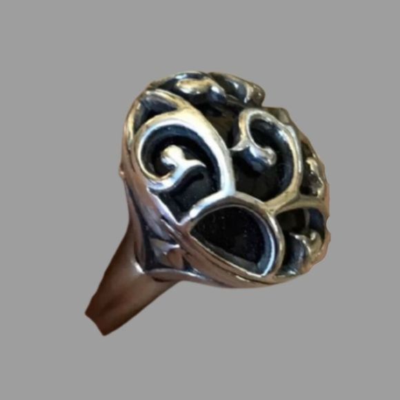 Vintage BARSE Onxy Cabochon Sterling Silver Scroll Cage Overlay Cocktail Ring
